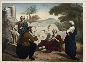 Discusión entre Job y sus amigos sobre las desgracias de Job: Dios pone a prueba la creencia religiosa de Job que demuestra su fidelidad a Dios explicando sus desgracias como castigo por sus pecados. Grabado anónimo de mediados del siglo XIX.