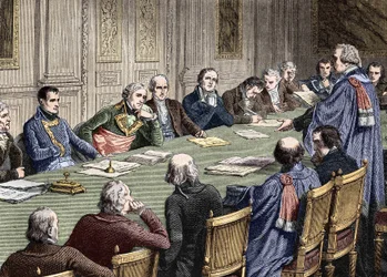 Discusión del Código Civil en el Consejo de Estado (1800-1804), bajo la presidencia del primer cónsul, Napoleón Bonaparte tiene a su izquierda a Jean Jacques Regis de Cambaceres. Grabado del siglo XIX.