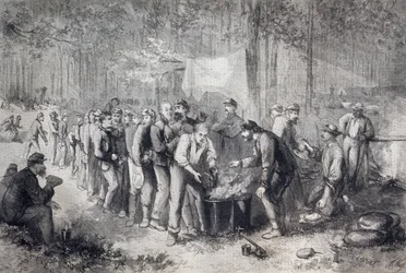 Distribución de raciones a una unidad militar norteamericana, Estados Unidos de América, Guerra Civil Americana, grabado