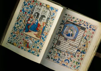 Doble página de un manuscrito abierto (libro): la descendencia del Espíritu Santo. Miniatura después del Breviario de María de Borgoña