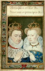 Doble retrato de Enrique IV rey de Francia (1553-1610) y Margarita de Valois (1553 - 1615) conocida como Reina Margot. Miniatura del libro de horas de Catalina de Médicis (Caterina de Medici)