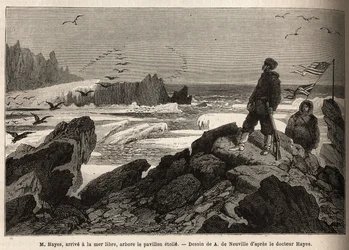 El Dr. Hayes, llega al mar libre del polo Ártico, el propósito de su expedición, planta la bandera estrellada americana. Grabado para ilustrar el viaje al mar libre del polo Ártico, por el Doctor Hayes, cirujano de la Marina de los Estados Unidos, en 1860-