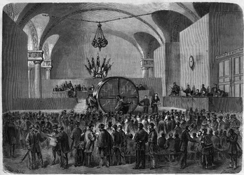 Sorteo de bonos a reembolsar pertenecientes a los dos préstamos contratados por la ciudad de París en 1855 y 1866. Hotel de Ville de París, 2 de febrero