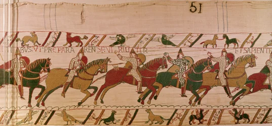 El duque Guillermo exhorta a sus tropas a prepararse sabiamente como hombres para la batalla contra el ejército inglés, Tapiz de Bayeux