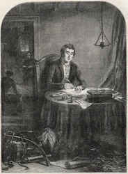 El duque de Wellington (Arthur Wellesley (1769-1852)) escribiendo un despacho después de Waterloo, 19 de junio de 1815 - grabado de 1852