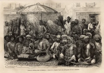 Durbar (consejo feudal y legal de un estado principesco) del Maharajá Rana, del reino de Dholepore (Rajasthan). Grabado para ilustrar la India de los Rajahs, por Louis Rousselet, en 1864-1868, publicado en “Le tour du monde” 1872, editado por Edouard Char