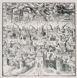 Terremoto en Baden - en “Colección de 39 figuras que representan las calamidades de Francia de 1562 a 1586”; imprenta de Louis Perrin
