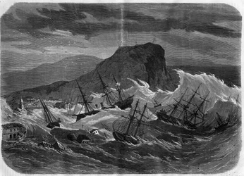 Terremoto de Perú: tsunami que sumerge la ciudad de Arica en septiembre de 1869 - Grabado en "Le Journal Illustré"