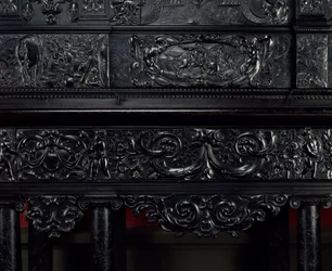 Práctica de Ébano. Horacio Cocles, héroe romano, defiende el Puente Sublicio en Roma contra el ataque de los etruscos de Porsenna en 507 a.C. Detalle. Alrededor de 1645. París. Museo del Louvre
