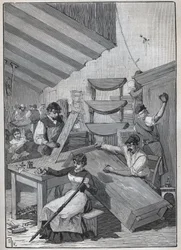 Ebanistería: taller de barnizado con sello. Grabado de 1885 en “Les arts et metiers illustres” de Adolphe Bitard.