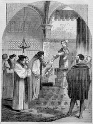 Eduardo VI (1547-1553), Rey de Inglaterra, presentando el certificado de Juana Bocher al Arzobispo Cranmer