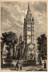 Iglesia Notre Dame de Croaz Batz en Roscoff - Finisterre - Bretaña - grabado en “PATRIE” - DESCRIPCIÓN PICTÓRICA DE FRANCIA EN 6 VOLÚMENES POR LUCIEN HUARD - finales del siglo XIX