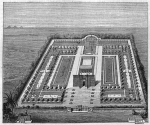 Jardín egipcio en la época de los faraones. Grabado en "La Nature: revue des sciences et de leurs applications aux arts et a l