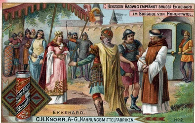 Ekkehard IV de St. Gallen (St. Gallen) o Eckhard, Eckhart (980 -1057) erudito y poeta latino. La duquesa Hadwig recibe al hermano Ekkehard en el patio del castillo de Hohentwiel. Verso: “Hermano Ekkehard, a quien la duquesa encargó a su castillo como...