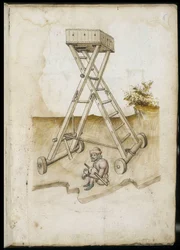 Dispositivo de elevación y prisionero adjunto - Manuscrito: hoja de pergamino de un manual de ingeniero para la construcción de edificios civiles, religiosos y militares, anónimo, finales del siglo XV (figura en tinta china)