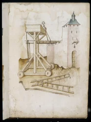 Sistema de elevación y escalas - Manuscrito: hoja de pergamino de un manual de ingeniero para la construcción de edificios civiles, religiosos y militares, anónimo, finales del siglo XV (figura en tinta china)