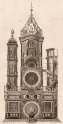 Vista en elevación del reloj astronómico ubicado en la Catedral de Nuestra Señora de Estrasburgo, Francia