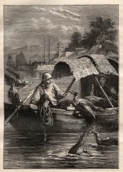 Embajada de Lord George McCartney (1737-1806) en China (1792-1793): El pájaro Leut-ze, utilizado para la pesca (pesca con cormorán) - ilustración de “Los Grandes Navegantes del siglo XVIII”