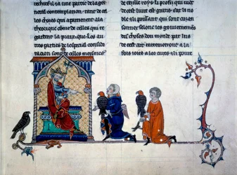 Emperador Federico II (1194-1250) recibiendo cetreros miniatura de "De arte venandi Cum avibus"