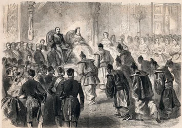 El emperador Napoleón III y la emperatriz Eugenia de Montijo recibieron solemnemente a los embajadores japoneses en las Tullerías en París el 13 de abril de 1862. Grabado en “Le Monde illustrious” de 1862. Colección privada.
