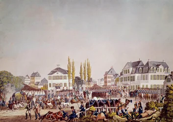 El emperador Napoleón I (1769-1821) revisa las tropas en Frankfurt. Grabado de 1813. Frankfurt, Museo Histórico