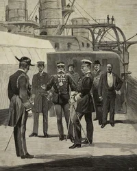 El emperador Guillermo II de Alemania (1859-1941) visitando el acorazado Sicilia, Venecia, Italia, dibujo de E X de L