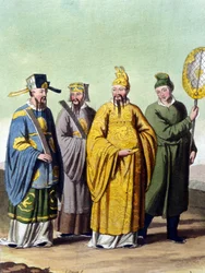 Emperador de China rodeado de mandarines - en “El traje antiguo y moderno” de J. Ferrario, ed. Milán