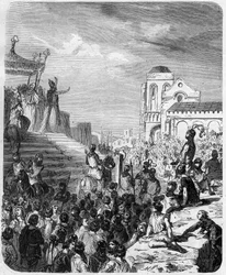 Fin del Imperio Carolingio: Depósito de Carlos III el Gordo (839-888) Emperador de Occidente (881 - 888) y Regente de Francia (884 - 887) en 887. Grabado en “Histoire De France En Cent Tableaux” de Paul Lehugeur 1891