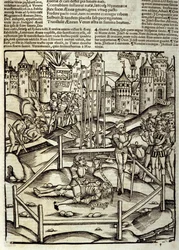 Eneida de Virgilio (70 a.C.-19 a.C.), Libro XII, el héroe troyano Eneas mata a Turno en una batalla bajo la mirada de los latinos y rútulos. Xilografía de Sebastian Brant (1458-1521). Estrasburgo.