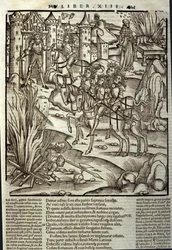 Eneida de Virgilio (70 a.C.-19 a.C.), libro XIII (suplemento), los héroes troyanos Eneas reciben a los latinos, se hacen sacrificios en honor a las víctimas de la guerra. Xilografía de Sebastian Brant (1458-1521). Estrasburgo