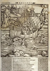 Eneida de Virgilio, los héroes troyanos Eneas y sus compañeros cruzan un mar lleno de sirenas