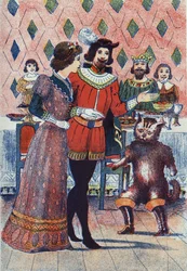 Compromiso del Marqués de Carabás y la hija del rey. Ilustración para el cuento “El gato con botas” de Charles Perrault (1628-1703), escritor francés. Ilustración anónima. Imágenes de Marcel Vagne, Jarville Nancy, sin fecha (finales del siglo XIX)