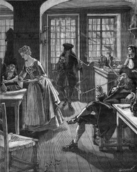 Inglaterra, finales del siglo XVII: hombres fumando en un café. Grabado del siglo XIX. En “Histoire de France” por Jules Michelet