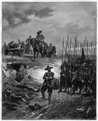 Guerras civiles inglesas: Oliver Cromwell (1599-1658) en la batalla de Marston Moor, 2 de julio de 1644 - los parlamentarios derrotaron a los realistas bajo el mando del príncipe Ruperto. Grabado del siglo XIX - Oliver Cromwell en la batalla de Marston