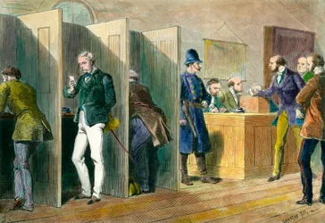 Democracia inglesa: Dentro de una estación de votación durante las elecciones en Inglaterra con representación de las cabinas de votación. Grabado del siglo XIX. Coll. Out.