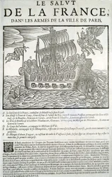 Grabado en madera. Panfleto político Mazarinade: “La salvación de Francia, en los brazos de la Ciudad de París” A - El buen genio de Francia, consumiendo su majestad (Luis XIII) en su flota real, B - Príncipe de Conty, C - Duque de Bouillon y de la Motte-H