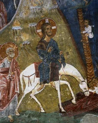 Entrada de Cristo en Jerusalén, fresco (siglo XII), Ayios Nikolaos tis Steyis (San Nicolás del Techo) (siglo XI) (Lista del Patrimonio Mundial de la UNESCO, 2001), montañas de Troodos, Chipre (detalle)