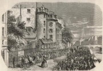 Entrada de la prefectura de policía por la rue de Jerusalem en la esquina del Quai des Orfevres en París en el siglo XIX antes de 1871 - Grabado en Tableau-de-Paris por Edmond Texier 1852
