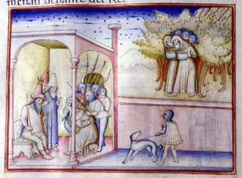 Episodio de la vida de Josafat de Judá (868 a.C. - 847 a.C.). Manuscrito del siglo XIV. Milán, Bibl, Braidense.