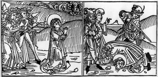 Episodio de la vida de San Donato (muerto alrededor de 355). Grabado de “Leben der Heiligen - sommerteil” (El libro de los santos) de Jacobus (James) de Voragine (1228-1298). Lübeck 1488.