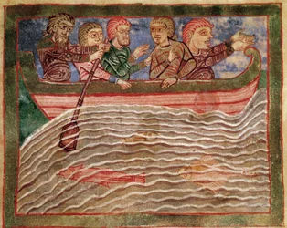 Episodio de la vida de Santa Radegunda (Radegundis) de Poitiers (519-587), esposa de Clotario I, rey de los francos: Radegunda representada en un barco salvando a Florio (?) de las aguas. Miniatura de un manuscrito del siglo XI. Biblioteca municipal de Poi