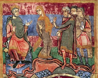 Episodio de la vida de Santa Radegunda (Radegundis) de Poitiers (519-587), esposa de Clotario I, rey de los francos: Radegunda es llevada por el Rey Clotario I. Miniatura de un manuscrito del siglo XI. Biblioteca Municipal de Poitiers.