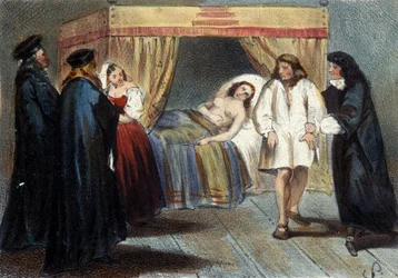 Episodio de la prueba de hombría de Vicente I Gonzaga (1562 - 1612), Duque de Mantua, para su matrimonio con la hija de Francisco de Medici, Eleonora en 1584. Se sospechaba que no tendría herederos. Litografía del siglo XIX.