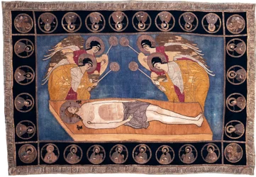 Epitafio del Gran Príncipe Dmitri Yourevich Chemyaka (fallecido en 1453). Cuatro ángeles se inclinan respetuosamente alrededor del cuerpo de Cristo. Bordados anónimos, lana, seda e hilo de oro y plata