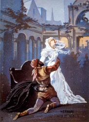 Ernani de Giuseppe Verdi Acto II, Escena IV. cromolitografía siglo XIX.