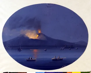 Erupción nocturna del Etna vista desde el mar frente a Catania. Pintura anónima del siglo XIX.