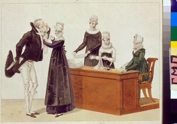 Prueba de cultivo. Obra anónima, acuarela sobre papel, hacia 1815. Caricatura del siglo XIX. Museo Estatal de A. S. Pushkin, Moscú.