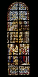 Eugene III, antiguo monje de Claivaux, asciende al trono pontificio el 15 de febrero de 1145. Vidriera en la Catedral de Tournai: Transepto izquierdo (2).