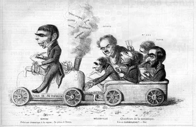 Eugene Scribe (1791-1861) autor dramático francés "productor dramático a vapor" y sus principales colaboradores en 1840: Anne Honore Joseph Duveyrier, llamado Melesville (1787-1865), Jean Francois Bayard (1796-1853), Pierre Francois Adolphe Carmouche (1797