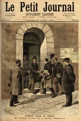 Eugene Turpin (1848-1927), químico, inventor en 1884 de la melinita (un explosivo), acusado injustamente de haber vendido su invención al enemigo, fue inocente y liberado de la prisión de Etampes. Grabado en “Le petit journal” 29/04/1893. Colección Selva